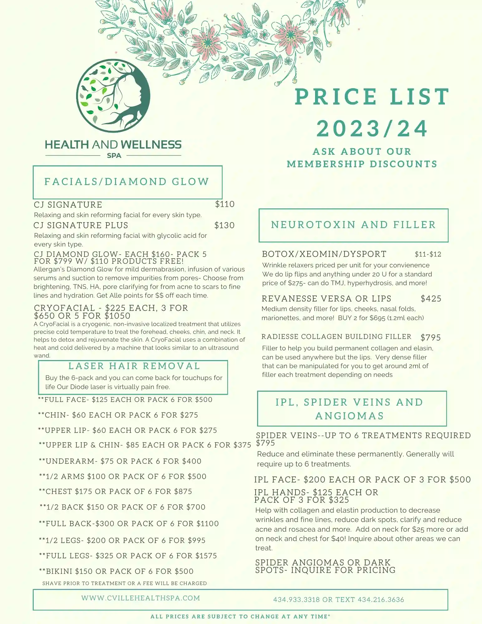 Price Menu 2023-24 By Health and Wellness Spa In Charlottesville
